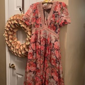 Anthropologie Ranna Gill Rose Bouquet Floral Chiffon Dress Pink Size 2 NWT